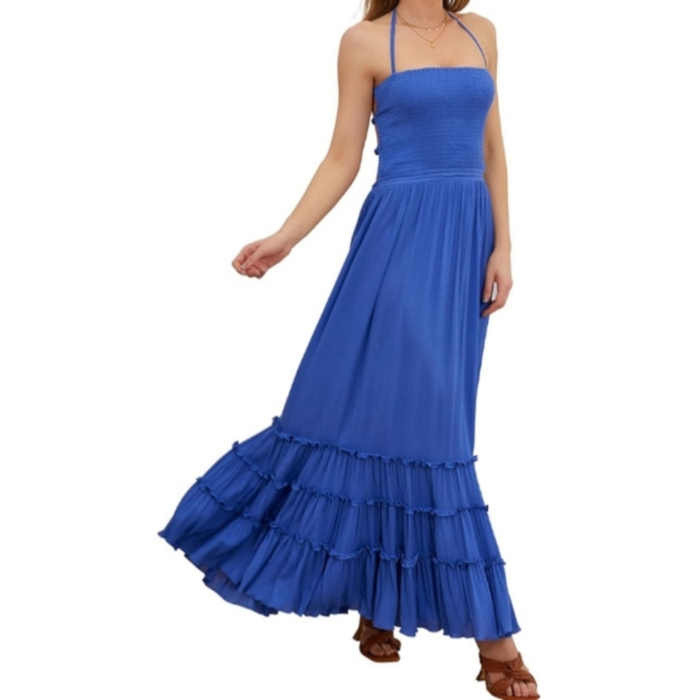 Blue Summer Maxi Boho Sun Dress Tiered Flowy Bohemian Beach Vacation Gauze New